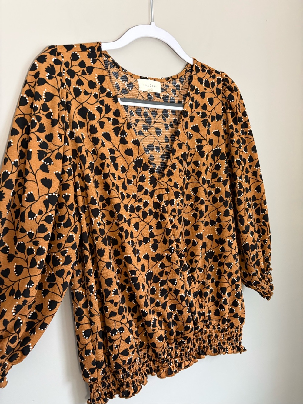 Melloday Floral Smocked Faux-Wrap Peplum Blouse Boho Peasant Cottagecore Size XL